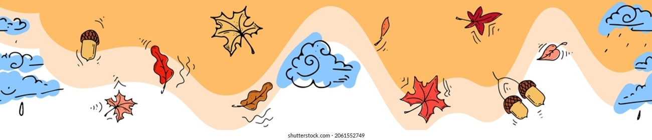 Vector doodle illustration with flat elements of clouds, acorns and autumn leaves, with abstract spots of yellow and pink in the background. Design for kraft scotch tape, endless ribbon