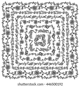 Vector doodle illustration. Floral labyrinth background, coloring for adult page. Branch, leaves, trees, flowers, ivy, vine, lily, line, swirl, grass. Vintage, hand drawing pen ink style