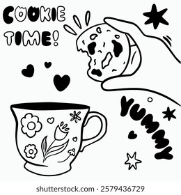 Vector doodle illustration with flowers, cup, lettering and cookies black line for branding, graphic design of cafe, restaurant, tea, coffee, biscuit