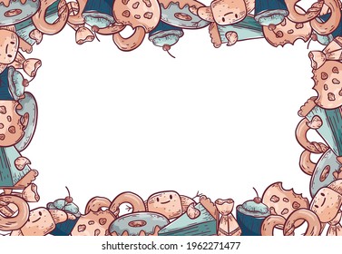 Vector doodle illustration. Funny horizontal frame to decorate the background and postcards. Various snacks, pastries, croissants, donuts and muffins. Cute elements with strokes.
