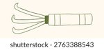 Vector doodle illustration garden cultivator handle three metal prongs. Minimalist hand drawn outline design suitable gardening tool icons. Farming and agricultural cute monochrome clipart.