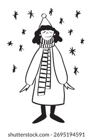 Vector doodle ilustración de una niña de pie en un abrigo bajo la nevada. Invierno, nieve, comodidad.
