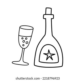 Vector doodle illustration of a glass and a bottle of champagne, Christmas and New Year vector clipart
