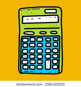 Vector doodle illustration green calculator tool to help counting number, education concept on a bright orange background for children, learning, schools, advertising, website, office