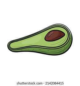 Vector doodle illustration of half an avocado with pit isolated on white.