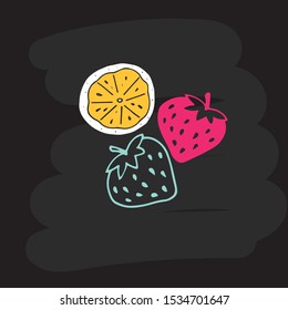 Vector doodle illustration with hand drawn fruits on а black chalk board background for cafe and menu. Vector hand drawn yellow lemon, pink and blue strawberry.  EPS 10.