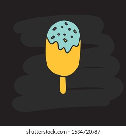 Vector doodle illustration with hand drawn ice cream on а black chalk board background for cafe and menu. Vector hand drawn a yellow and blue ice cream.  EPS 10.