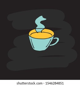 Vector doodle illustration with hand drawn cup of coffee or tea on а black chalk board background for cafe and menu. Vector hand drawn a yellow, blue cup.  EPS 10.