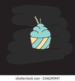 Vector doodle illustration with hand drawn dessert or ice cream on а black chalk board background for cafe and menu. Vector hand drawn a yellow and blue dessert.  EPS 10.