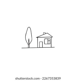 Vector doodle illustration. Hand drawn houses and trees.
