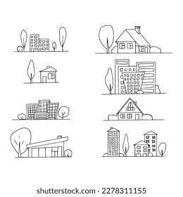 Vector doodle illustration. Hand drawn set of houses and trees.