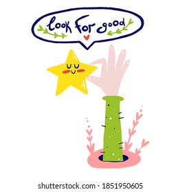 Ilustración vectorial Doodle de una mano sosteniendo un asterisco que dice en una nube de habla buscar bien