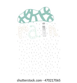 Vector Doodle Illustration With Handdrawn Clouds And Tribal Letters.  For wallpaper, print, posters and phone case. Rain