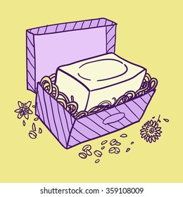 Vector doodle illustration with handmade soap in box.