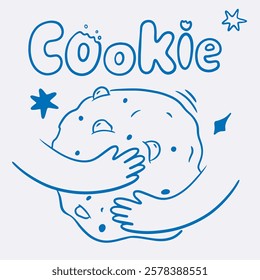 Vector doodle illustration of hands hugging cookies with blue line, lettering for coffee shop logo, pastry shop, bakery, branding, print