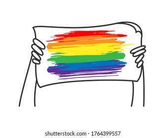 Vector doodle illustration of hands with paper plakat with rainbow flag