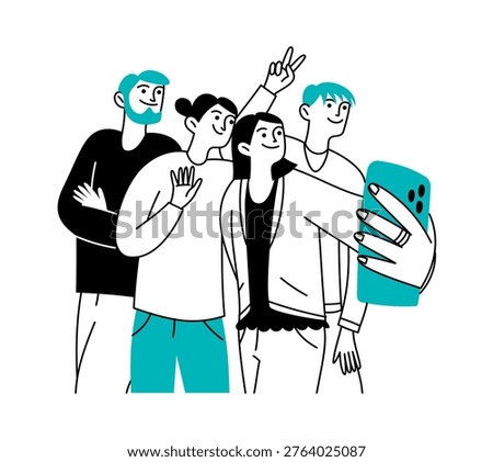 Vector doodle illustration of happy people, friends, men and women. Team, selfie. Friendship concept