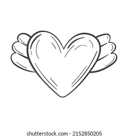 Vector doodle illustration of heart with wings isolated on white.