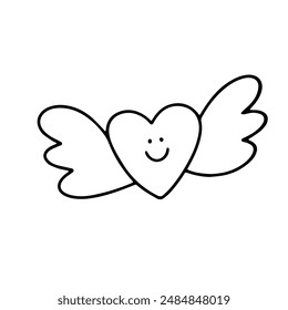 Vector doodle illustration of a heart with wings. Outline drawing for card, Valentine's day, birthday, wedding