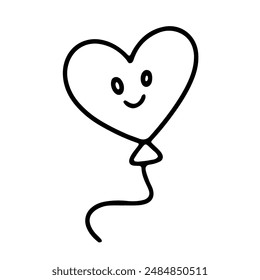 Vector doodle illustration of a heart-shaped balloon with a smile. Outline drawing for card, Valentine's day, birthday, wedding