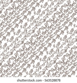 Vector doodle illustration. Herbal square background, coloring for adult page. Vine, grapes, wine, wave ivy, bottles, leaves vintage elements. Ornate pen and ink style, black and white colors 