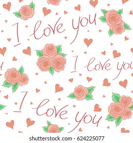Vector doodle illustration. Holiday background. Vector hearts, flower and love seamless pattern in pink and white colors.