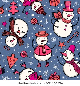 Vector doodle illustration of holidays pattern with snowman, Christmas tree, candy, snowflakes, gifts. Christmas and New Year template for design.