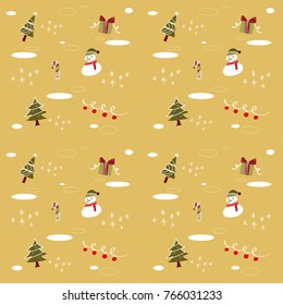 Vector doodle illustration of holidays pattern with cute snowman, Christmas tree, candy, snowflakes, gifts,light.Christmas and New Year template for design.