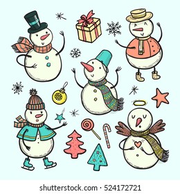 Vector doodle illustration of holidays snowman with Christmas tree, candy, snowflakes, gifts. Funny snowmen in different costumes isolated on white background. Christmas and New Year set for design.