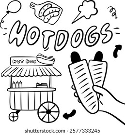 Vector doodle illustration of hot dog stand with hand holding hot dog in black line, lettering