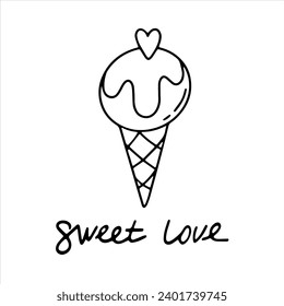 ilustración de doodle vectorial. Helado con corazón y la inscripción amor dulce. Día de San Valentín, boda