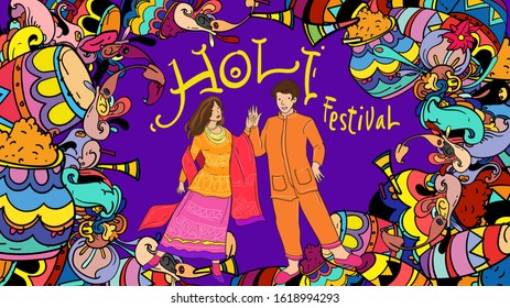 vector doodle illustration of india holi festival. Greeting card, banner, website, promotion, social media story,  and advertisement.
