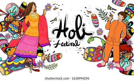 vector doodle illustration of india holi festival. Greeting card, banner, website, promotion, social media story,  and advertisement.
