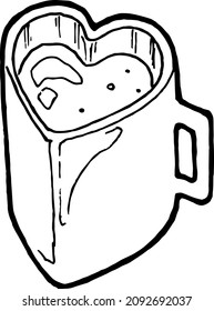 vector doodle illustration isolated on white background, mug in the form of a heart with a drink, sticker, t-shirt design, embroidery, card, postcard, sticker