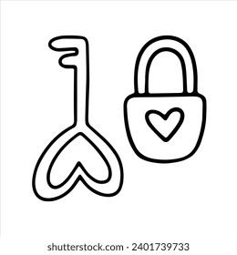 Vector doodle illustration, key and lock with heart. Valentine's Day, wedding