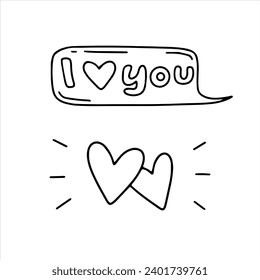 Ilustración vectorial del doodle, escribiendo sobre el amor con los corazones. Día de San Valentín, boda