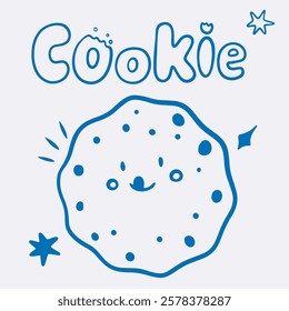 Vector doodle illustration of licking cookie with blue line, lettering for coffee shop logo, pastry shop, bakery, branding, print