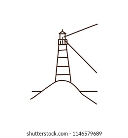 Vector doodle illustration of a lighthouse in the beach flashing its light signaling land to the sea. Hand drawn icon	