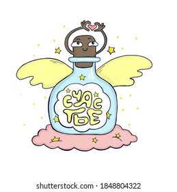 Vector doodle illustration of a magic fairy bottle with the inscription happiness in Russian