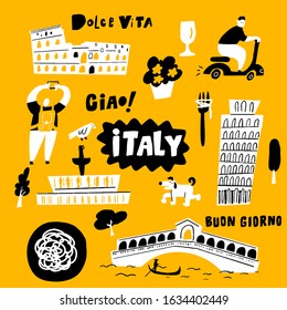 Vector doodle illustration of main italian attractions and cultural symbols