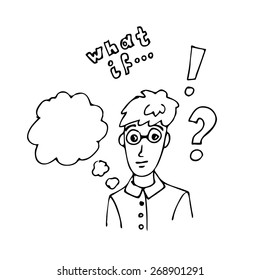 Vector doodle illustration of a man thinking. Sketch style man considering opportunities. Choice concept.