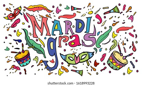 vector doodle illustration of mardi gras. Greeting card, banner, website, promotion, social media story,  and advertisement.
