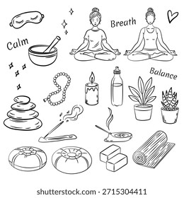 Vector doodle ilustración de mujeres meditando rodeadas de yoga y Elementos de cuidado personal. Dibujado a mano en blanco y negro línea de arte, perfecto para el yoga, la atención plena y los diseños de estilo de vida.