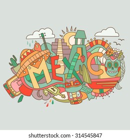 Vector doodle illustration with Mexico and different traditional elements like pyramid, sombrero, guitar, skull, cactus and so on