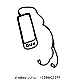 ilustración vectorial del doodle del teléfono móvil con auriculares - contorno negro en blanco. gadget electrónico, smartphone para la comunicación, icono