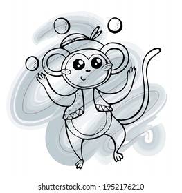 vector doodle illustration monkey in a hat juggles. world circus day. hand drawing for printing on postcards, souvenirs, business cards, children's things.
