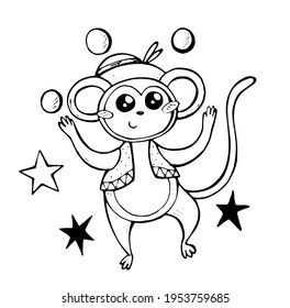 vector doodle illustration monkey in a hat juggles. world circus day. hand drawing for printing on postcards, souvenirs, business cards, children's things.