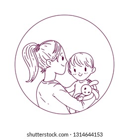 Vector doodle illustration of a mother with a child with a cute stuffed toy rabbit.  