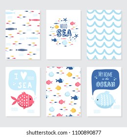 Vector doodle illustration. North sea. Scandinavian style. Ready cards with marine animals, whale, killer whale, crabs gull fish sea symbols