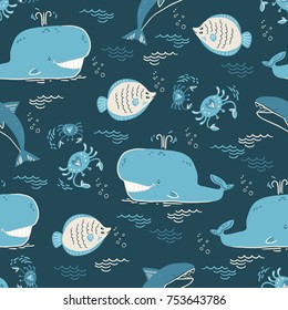 Vector doodle illustration. North sea. Scandinavian style. Seamless pattern with marine animals, whale, killer whale, crabs, gull, fish, sea symbols. Ocean depth Blue pattern Decorative